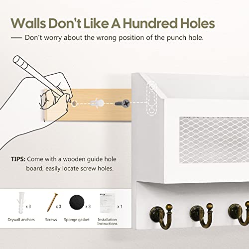 Fifthquarter Key And Mail Holder For Wall, Mail Organizer Wall Mount With 6 Hooks And Storage Drawer, Easy Installation Key Rack For Entryway And Home Decor (B-White) #TOP6