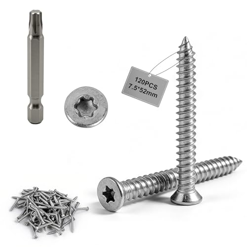 MIGUBIGU 120 PCS Tornillos para Hormigón 7.5 mm x 52 mm con Punta Torx 30, Tornillos para Marcos de Ventanas, Tornillos Roscachapas Cabeza Avellanada para Hormigón, Puertas y Ventanas, Paredes