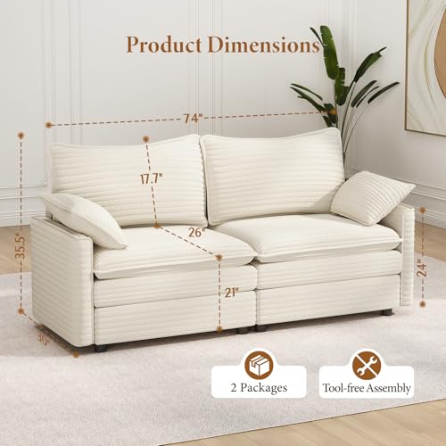 Image of Vesgantti 74 inch Loveseat Sofa for Living Room, Comfy Cloud Couch Deep Seat Corduroy Modern 2 Seater Small Sofa with Armrest Pillow, Easy Assembly for Small Spaces, Beige