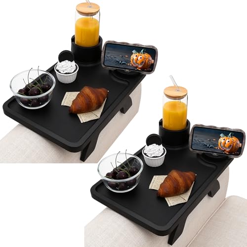 Image of Nnewvante 2 Pack Couch Arm Table,3 in 1 Large 15.36 inchx9.85 inch Bamboo Couch Cup Holder Sofa Armrest Clip on Tray with 360Rotated Phone /Drink Holder, Black