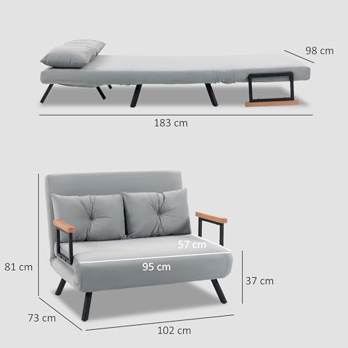Miniatura 3 de Homcom Sofá Cama De 2 Plazas 4 En 1, Sofá Cama Plegable Tapizado En Terciopelo Con Respaldo Ajustable De 5 Niveles Y Almohadas Acolchadas, Para Oficina, Dormitorio, Salón, 102x73x81 Cm, Gris Claro