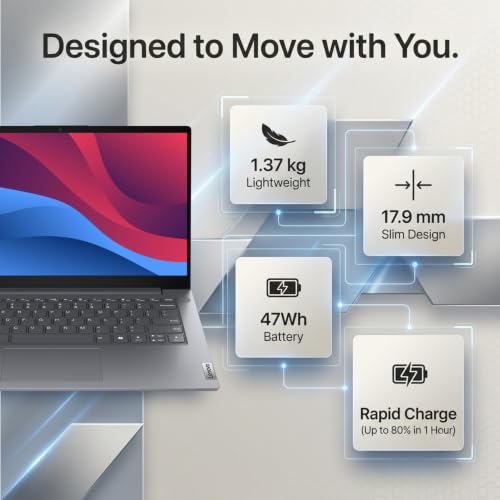 Image of Lenovo V14, Intel Core i3-1315U, 8GB RAM, 512GB SSD, FHD 14 inch (35.56cm), Windows 11 Home, Office 2024, Luna Grey, 1.37Kg, 83HDA05HIG, 250 Nits, 1Y Onsite Warranty, Laptop