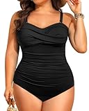 Holipick Plus Size One Piece Swimsuit Tummy Control Strapless Bathing Suits Bandeau Slimming Ruched Twist Front Swimwear Black