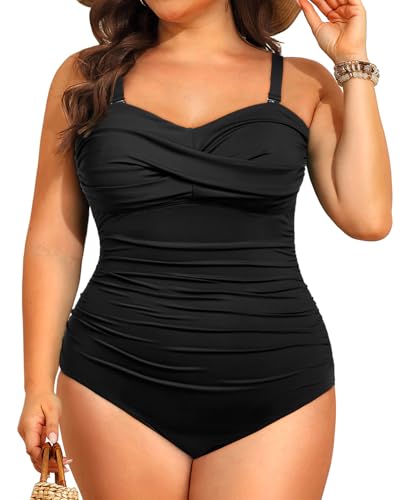 Holipick Plus Size One Piece Swimsuit Tummy Control Strapless Bathing Suits Bandeau Slimming Ruched Twist Front Swimwear