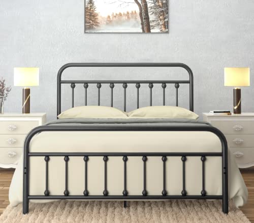 Ambee21 Vintage Queen Metal Bed Frame With Headboard And Footboard Platform/Wrought Iron/Heavy Duty/Solid Metal Slat/Textured Black/No Box Spring Needed/Industrial & Farmhouse #TOP1