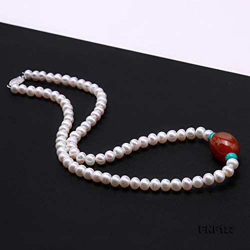 Jyx Pearl 6-6.5Mm Flatly Round White Cultured Freshwater Pearl Necklace With Orange Oval Agate Handmade For Women 19" #TOP2