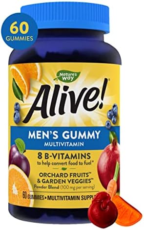 Alive! Men's Gummy Vitamin, Complete Multi-Vitamin Supplement with Orchard Fruits/Garden Veggies Blend of Powder/Juice/Extract, 60 Gummies.