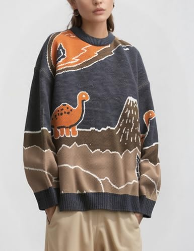 Image of Arssm Mens Oversized Dinosaur Sweater Knit Crewneck Vintage Tops | Unisex Cartoon Sweater, Pullover, Long Sleeve, Cozy Sweater