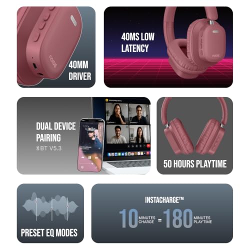 Image of Noise Airwave Max 2 Wireless On-Ear Headphones with 50H Playtime, 40mm Drivers - Deep Bass, 3 Preset EQ Modes, 40m /s Low Latency, Dual Pairing,BT V5.3 (Burgundy)