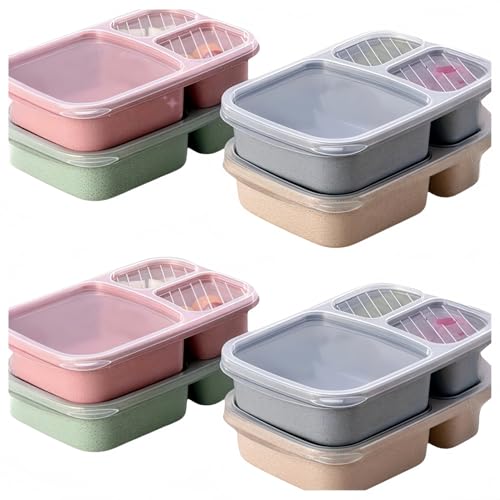 KQQK4個入り 弁当用ランチボックスセット 仕切り付き 3層 麦わら素材 冷凍 食品保存用 プラスチック ランチボックス 保温 電子レンジと食器洗い機使用可 (8個入り)
