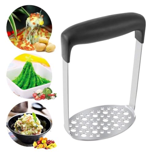 Foto von PIQIUQIU Kartoffelstampfer Edelstahl, Kartoffel Stampfer, Gemüsestampfer Kartoffelpürrier Kartoffelpresse für Spülmaschinengeeignet, Kartoffelbrei, Cremiges Kartoffelpüree(Schwarz 12 × 7 × 17 cm)