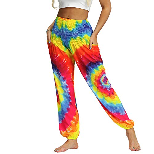 Lu's Chic Women's Tie Dye Harem Pants Thai Smocked Waist Dancing Loose Comfy Long Hippie Pants Style1 One Size #TOP2