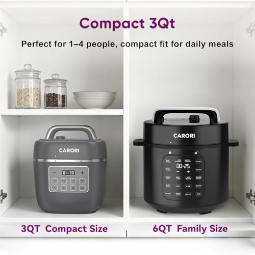 Image of Carori 8-in-1 Electric Pressure Cooker, Compact 3 QT All-in-1 Multi-Cooker with Ceramic Pot, Saute, Slow Cook, Rice, Stew, Delay Start, Keep Warm & Safe Vent, Gray