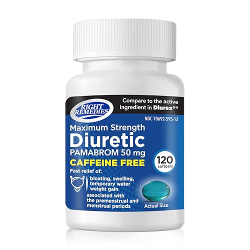 RIGHT REMEDIES Maximum Strength Caffeine-Free Diuretic Softgels (120 Softgels) Pamabrom 50mg Helps Relieve Heaviness Due to Water Weight gain