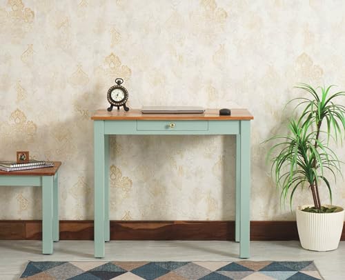 Wooden Study Table for Bedroom | 33.5x18x30 Laptop Desk with Drawer | Compact Workstation for Home Office | Mint Green Study Table | Space Saving Writ