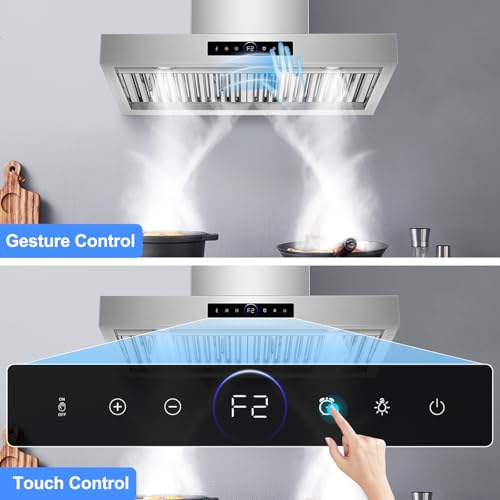 Image of 30 inch Wall Mount Range Hood, 1200 CFM with 4-Speed Gesture Sensing & Touch Control, Stainless Steel Ducted Kitchen Stove Vent Hoods with 2 LED Lights, Time Setting, Dishwasher-Safe Baffle Filters