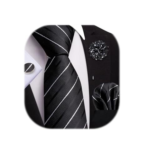 Image of Dubulle Mens Tie and Lapel Pin Paisley Black White Striped Floral Necktie for Men Pocket Square Cufflinks Wedding Party
