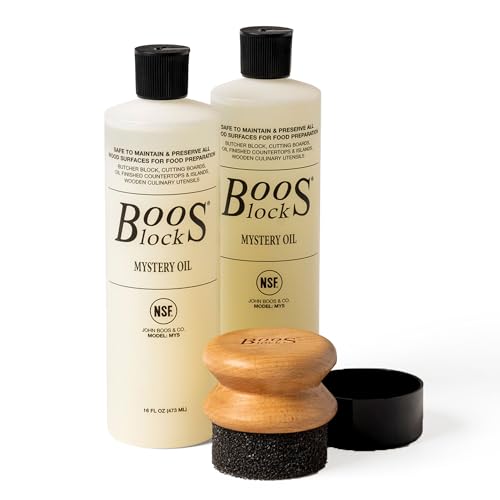 John Boos 3-Piece Care Set, 2-Pack 16 oz Mystery Oil & Round Beechwood Applicator - All-Natural Maintenance Formula for Butcher Blocks, Cutting Boards, Wooden Countertops & Wood Utensils