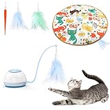 VavoPaw Interaktives Katzenspielzeug, 2 In 1 Elektronisch Federspielzeug mit Federn Katzenstab Matte, 360° Selbstdrehend Intelligenzspielzeug USB Wiederaufladbar Katzenfederspielzeug für Katzen, Blau
