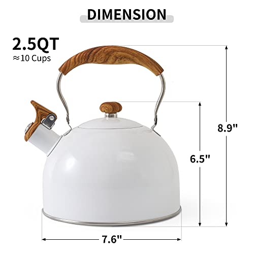 Lonffery Tea Kettle, 2.5 Quart Whistling Tea Kettle, Tea Pots For Stove Top Food Grade Stainless Steel With Wood Pattern Folding Handle - White #TOP6