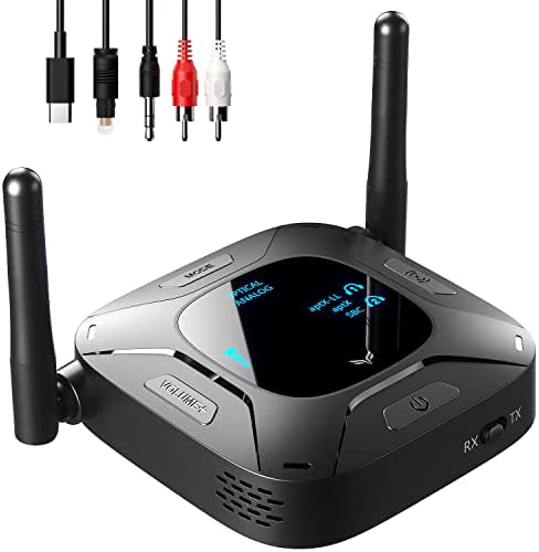 Bluetooth Transmitter Receiver, Long Range 300FT Bluetooth Adapter Optical AUX RCA Connection, 2-in-1 Bluetooth AUX Adapter for TV/PC/MP3 Player/Home Theater/Switch AptX Low Latency Pairs 2 Devices