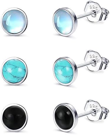 Fansilver 4MM 925 Sterling Silver Stud Earrings for Womens Girls Moonstone Earrings Turquoise Black Earrings Round Gemstone Stud