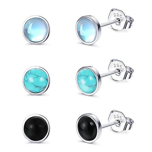 Fansilver 4Mm 925 Sterling Silver Stud Earrings For Womens Girls Moonstone Earrings Turquoise Black Earrings Round Gemstone Stud #TOP5