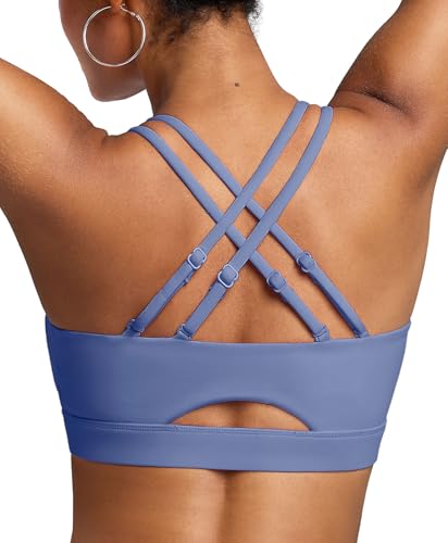 BRXL Sports Bras for Women Strappy Back Sports Bra with Padding Sewn in Adjustable Spaghetti Strap Blue