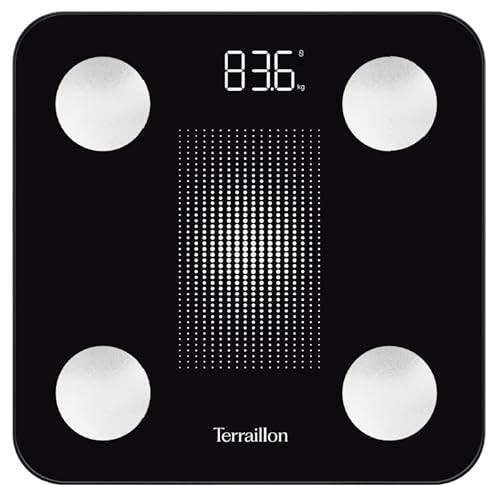 TERRAILLON – WEIGHT CONNECT – Báscula inteligente Bluetooth, análisis de masas grasas, musculares, hídricas y óseas, IMC, capacidad 180 kg, graduación 50 g, pantalla LED, bandeja de cristal, negro