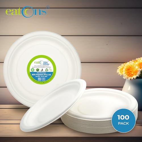 Image of EATONS 12 inch, 100 Pack Disposable Bagasse Plates | Eco-Friendly, Disposable Plates Big Size | Dinner Paper Plates | Birthday, Wedding & Party | Round, White (30 cm)