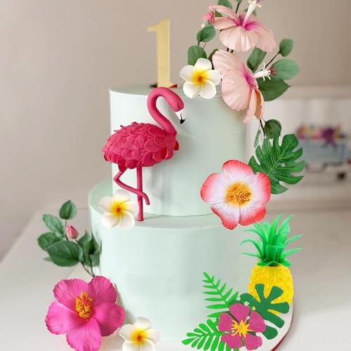 Lefubaby LEAF-LS-24-LJJ Flamingo Cake Toppers Summer Cake Decorations With Hibiscus Flower Palm Leaves Pineapple Cake Decor For Birthday Summer Tropical Hawaiian Themed Party Supplies thumb #2
