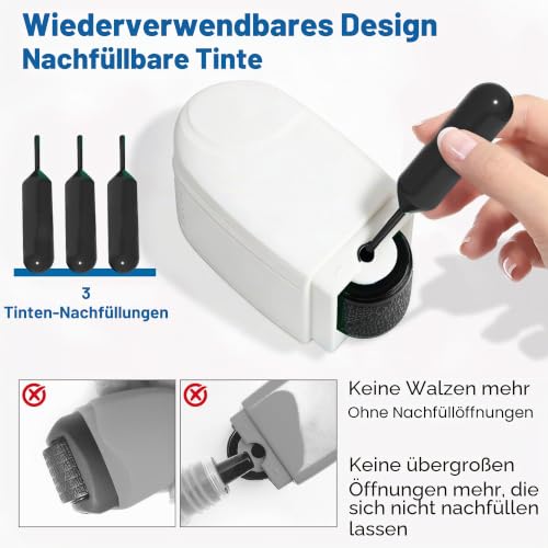 Datenschutz Rollstempel Für Dokumentenschutz, Sicherheitsstempel Zur Prävention Von Identitätsdiebstahl, Mit Breitem Muster Und 3 Nachfüllkartuschen, Ideal Für Identitätsschutz, Weiß