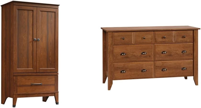 Sauder Carson Forge Armoire Shoal Creek Dresser Bundle | Washington Cherry and Oiled Oak Finish