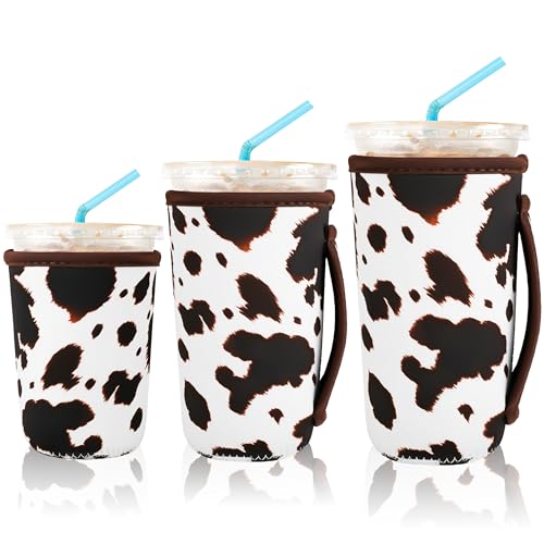 Image of KJQJLY 3 Pack Reusable Iced Coffee Sleeves for Iced Coffee Cups or Drinks Reusable Neoprene Insulated Sleeves for Hot and Cold Drinks from Starbucks, Dunkin, And More (Brown cow)