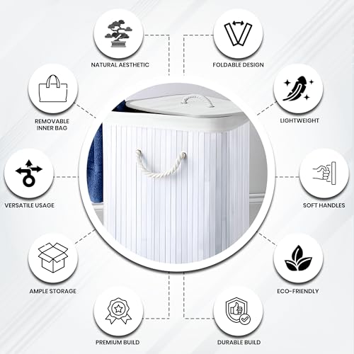 Image of iBELL White Foldable 72 Litre Square Bamboo Laundry Basket with Lid | Travel Essential cloth basket | Solid Laundry Basket | Toy storage organiser |(35.5L x 35.5W x 57H)