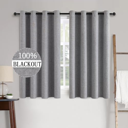 Image of MIULEE Linen Texture Curtains for Bedroom Solid 100% Blackout Thermal Insulated Grey Curtains Grommet Room Darkening Drapes Luxury Decor for Living Room 52x54 Inch (2 Panels)