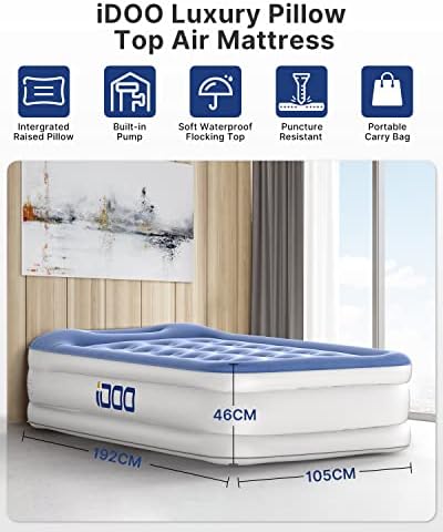 iDOO Single Size Air Bed with Built-in Electric Pump and Pillow, Inflatable bed in 3 Mins Self-Inflation/Deflation, Comfortable Flocked Surface Blow Up Bed for Home Camping 192x105x46cm, 249kg MAX