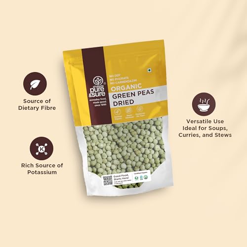 Image of Pure & Sure Organic Green Peas (Matar) Dry 500G | 100% Natural Hara Matar, Vatana | Unpolished & Unadulterated | Healthy and Rich in Fiber & High Protein| Steam Sterilized