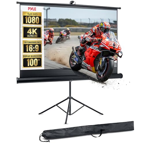 Pyle Projektorleinwand 100 Zoll – 16:9 HD 4K Beamer Rollo-Leinwand mit Stativ & Schwarzem Rahmen, Höhenverstellbar, Tragbar mit Tasche, für Heimkino & Präsentationen