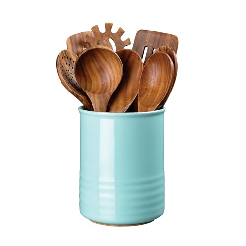 ABRUTY Utensil Holder, 6.7" Ceramic Kitchen Utensil Crock for Countertop Cooking, Modern Utensil Caddy Jar Organizer for Farmhouse Kitchen Counter Décor, Turquoise