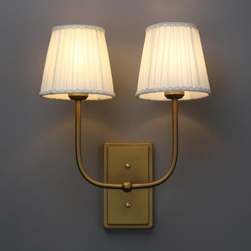 Image of Yosoan 2-Light Brass Beige Khaki Gauze Lace Yarn Fabric Shade Wall Sconce, Vintage Vanity Hardwired Indoor Boho Antique Glod Wall Mounted with Rectangular Chassis Wall Lamp for Bedroom Staircase