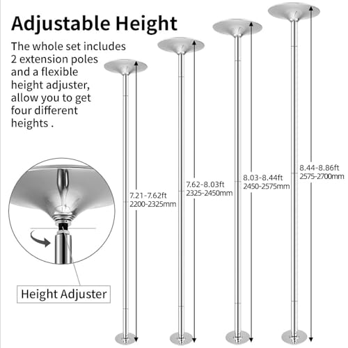 PRIORMAN Dance Pole Set Premium Height Adjustable 7.38-8.85ft Portable 45mm Diameter 360°Spinning Dancing Pole for Home,200KGS Capacity,Drill-Free Installation with Floor-to-Ceiling Stability(Silver)