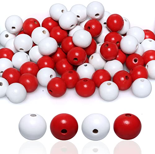 White Red Wooden Beads - 20mm Round, 4mm Hole, Colored, Bulk Loose Spacer Beads for Craft/Beading Supplies & Home Decor, 50Pcs