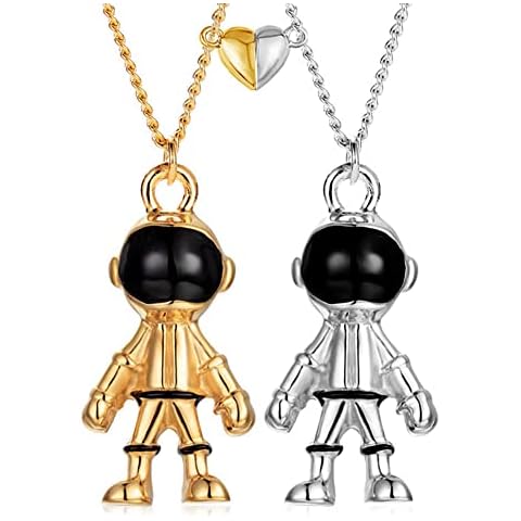 Ailiessy Spaceman Pendant Necklace Astronaut Robot Love Heart Matching Necklace for Women Men Couple Astronomy Jewelry Gift 2Pcs, Metal, Rhinestone Cover