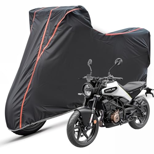 Image of Two Wheelers Bike Body Cover Compatible for Husqvarna Vitpilen 250, UV Resistant, Dustproof, Triple Stitched, Elastic Bottom, Red Piping Motorcycle Cover (Black, Pack of 1)