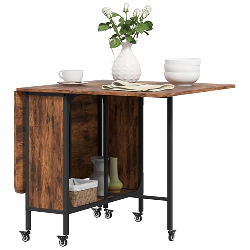 HOMCOM Tavolo da Pranzo Pieghevole, Tavolo a Ribalta per 4-6 Persone, Tavolo da Cucina Salvaspazio Moderno con Ripiano e 6 Ruote, in Metallo, 130x80x74 cm, Marrone Rustico