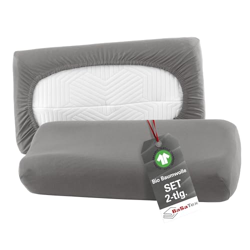 BaSaTex Bio Kissenbezüge Spannbezüge 2er Pack für Nackenkissen und Gesundheitskissen | 97% GOTS-Zertifizierte Baumwolle + 3% Elasthan | 40x60 cm - 45x65 cm | Anthrazit