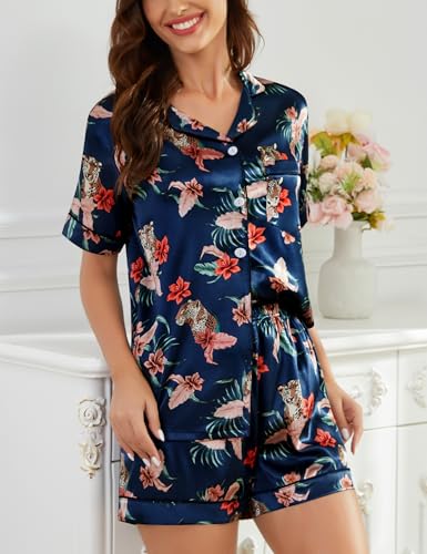Image of SWOMOG Womens Silk Satin Pajamas Set Short Sleeve Sleepwear Button Down Top and Shorts Loungewear 2 Piece Pjs Set XS-3XL