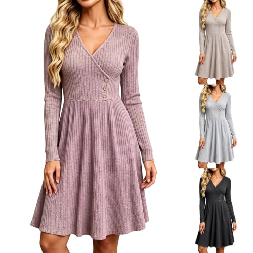 GOSEAGOTOFUN Sweater Dresses for Women Long Sleeve V Neck Knit Dress Casual Button A Line Dress Fashion Party Holiday Clothes Rose Gold Small - image 1