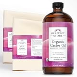 HERITAGE STORE Organic Castor Oil Pack Wrap Kit - Soothing Castor Oil Packs, Heat Compress for Abdomen, Joints, Overall Health, 32oz Cold Pressed Organic Castor Oil, Two 12 x 27in. Wool Flannel Cloths